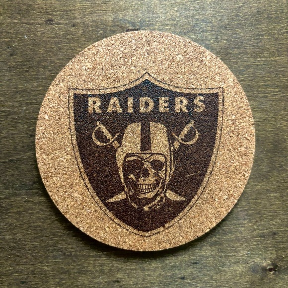 Raiders Skull Logo Laser Engraved Cork Coaster - Picture 1 of 5